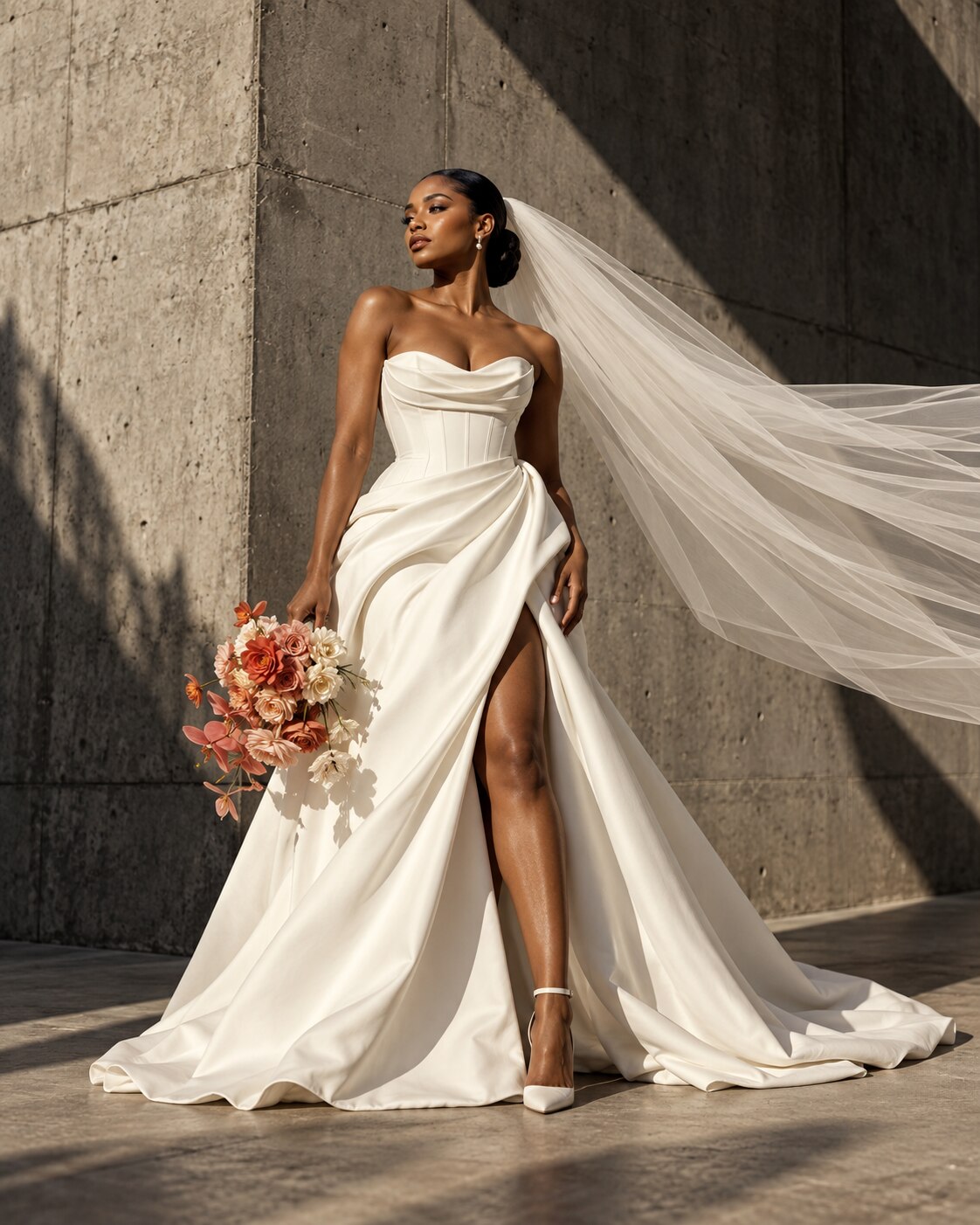 Editorial bridal portrait in dramatic sunlight