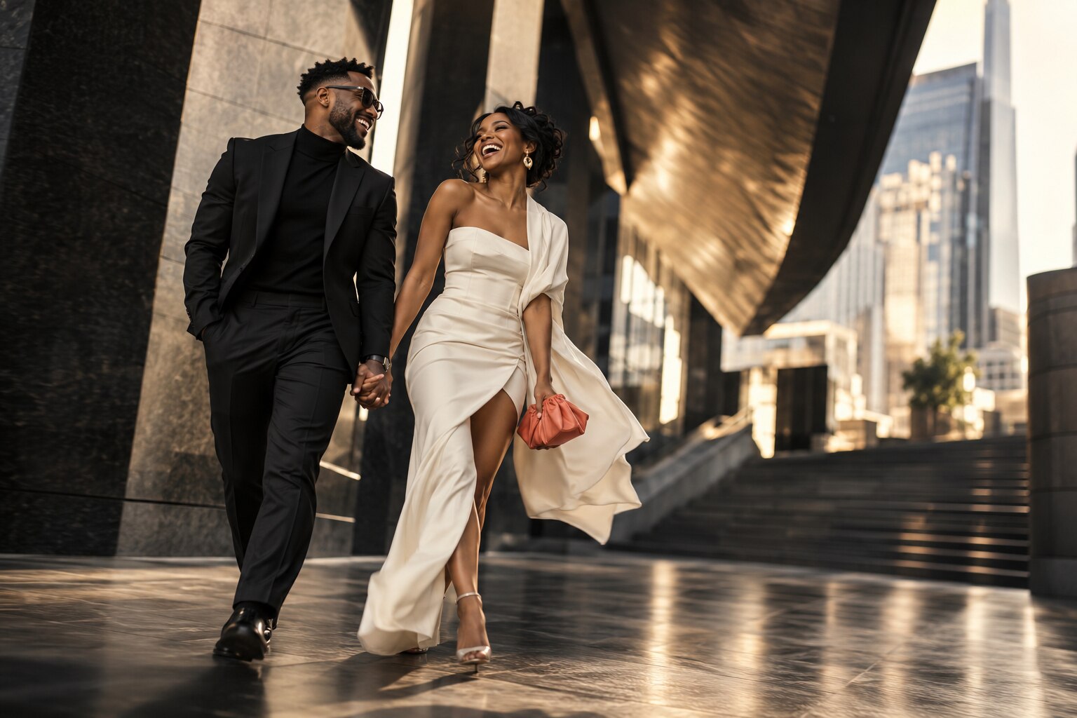 Couple laughing during a city engagement session