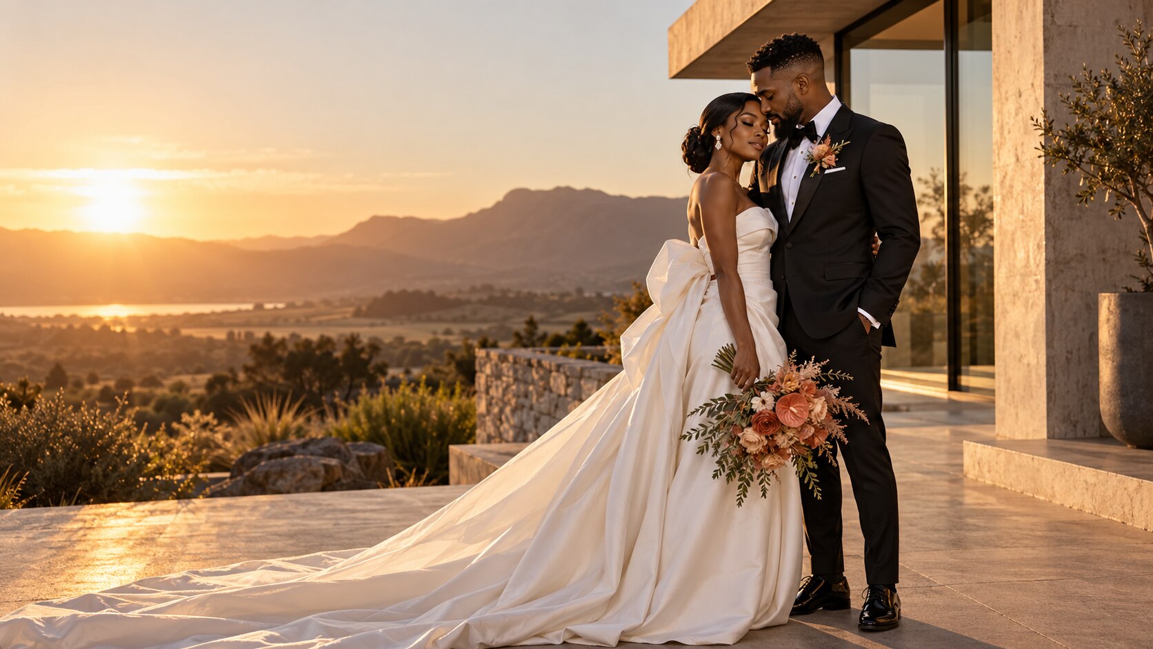 Newlywed couple at sunset outside a modern venue