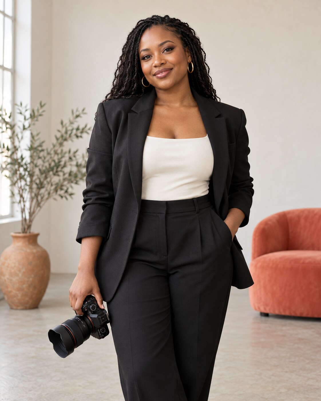 Wedding photographer holding a camera in her studio