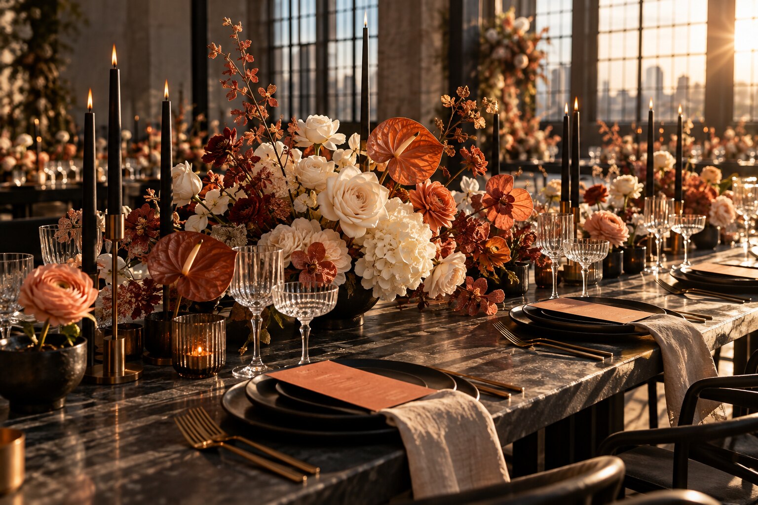 Modern wedding reception table with coral flowers